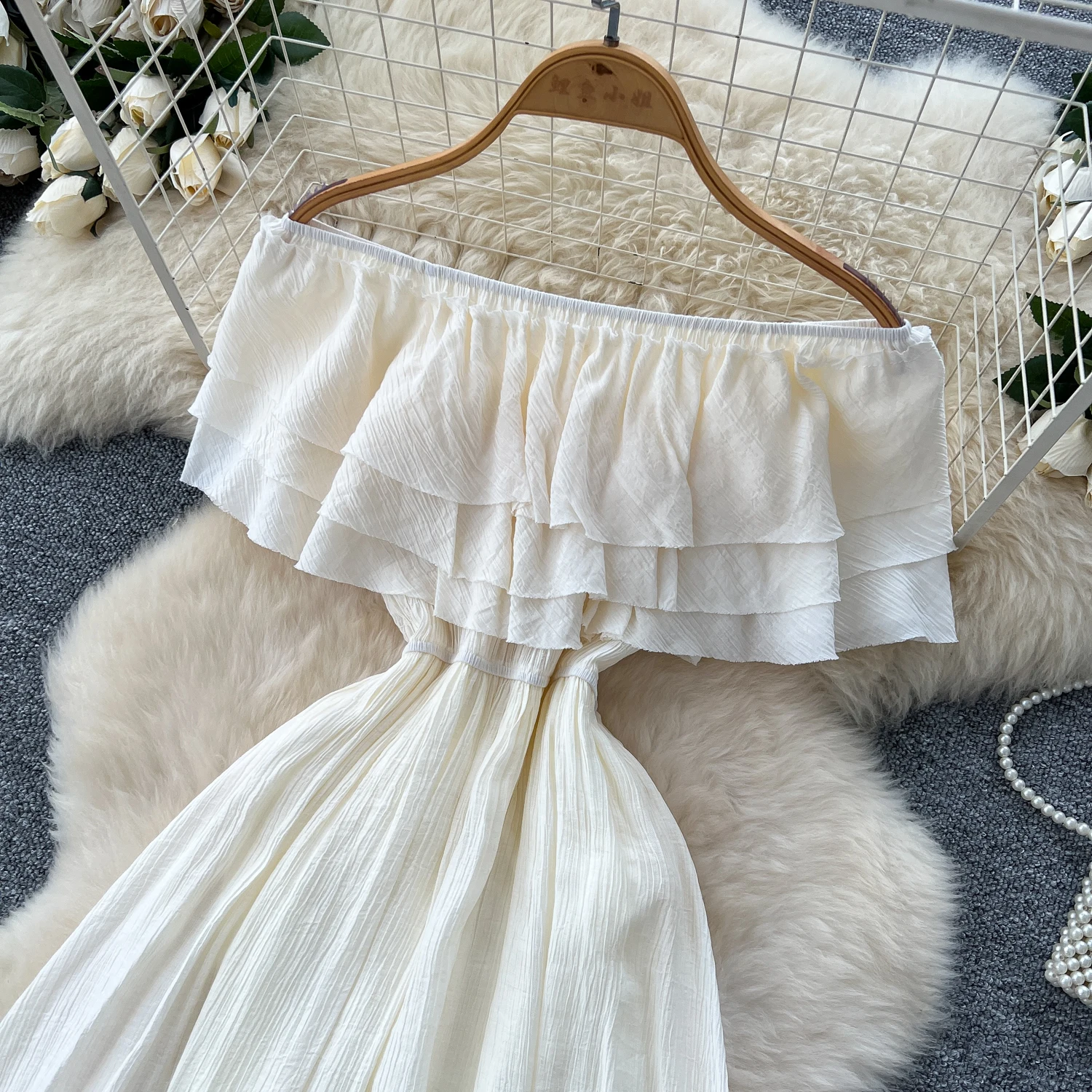 Verão slash neck midi vestido babados em camadas vestidos femininos boho plissado dobras costura praia férias novo em 2025 chique