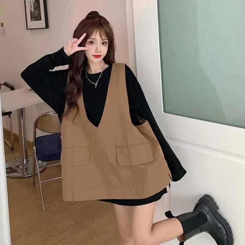 Shirt +Vest Set Big Size Women Clothing Loose Long Sleeve Shirts Lady Autumn Spring Oversize Female Blouses Tops Girls Clothes