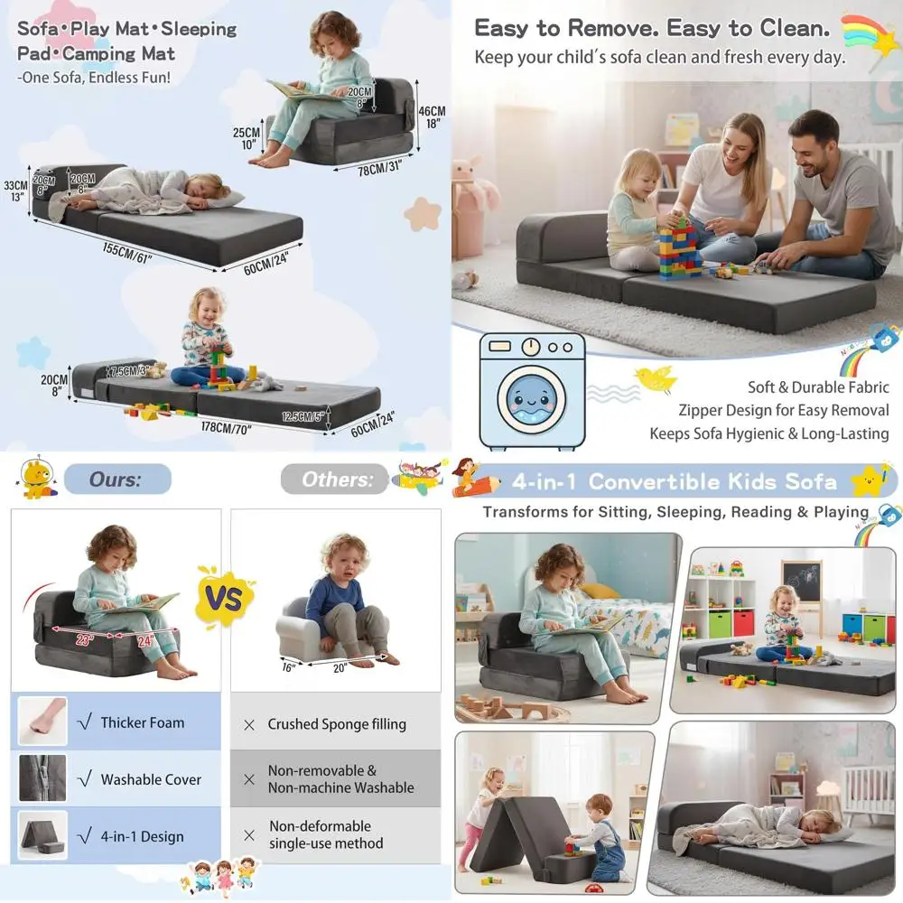 

Диван-кровать-трансформер для детей со съемным чехлом, кресло-спальное для детских комнат, гостиных и больших помещений, серый