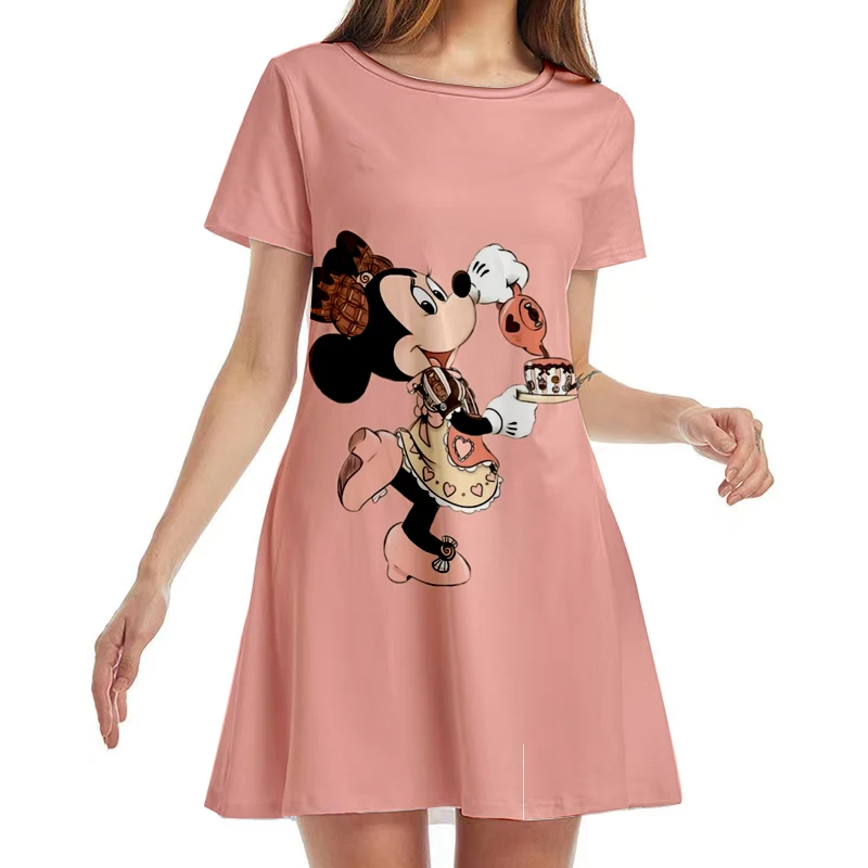 Vestido corto holgado de manga corta con cuello redondo para mujer, minivestido bohemio informal con estampado de Disney Stitch y Mickey y Minnie