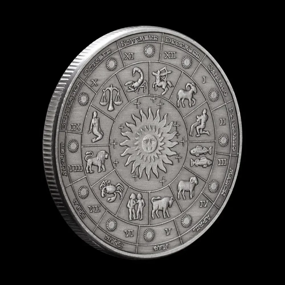 Zodiac Commemorative Medallion Sun God Moon Smiley Face Ancient Silver 12 Zodiac Sign Birthday Commemorative Coins for Friends