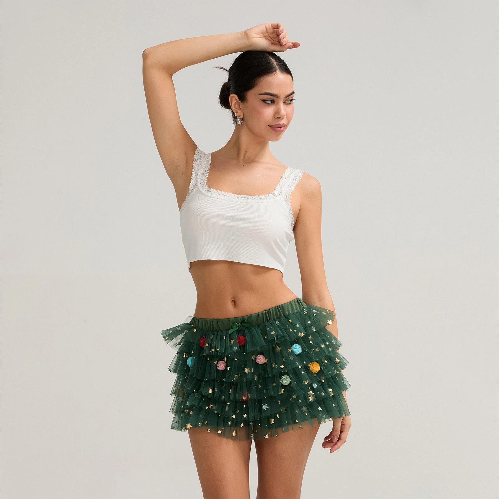 Women's Christmas Y2K Vintage Cute Elastic Low Waist with Plush Pom Decor Star Glitter Sequined Lace Tiered Layered Shorts