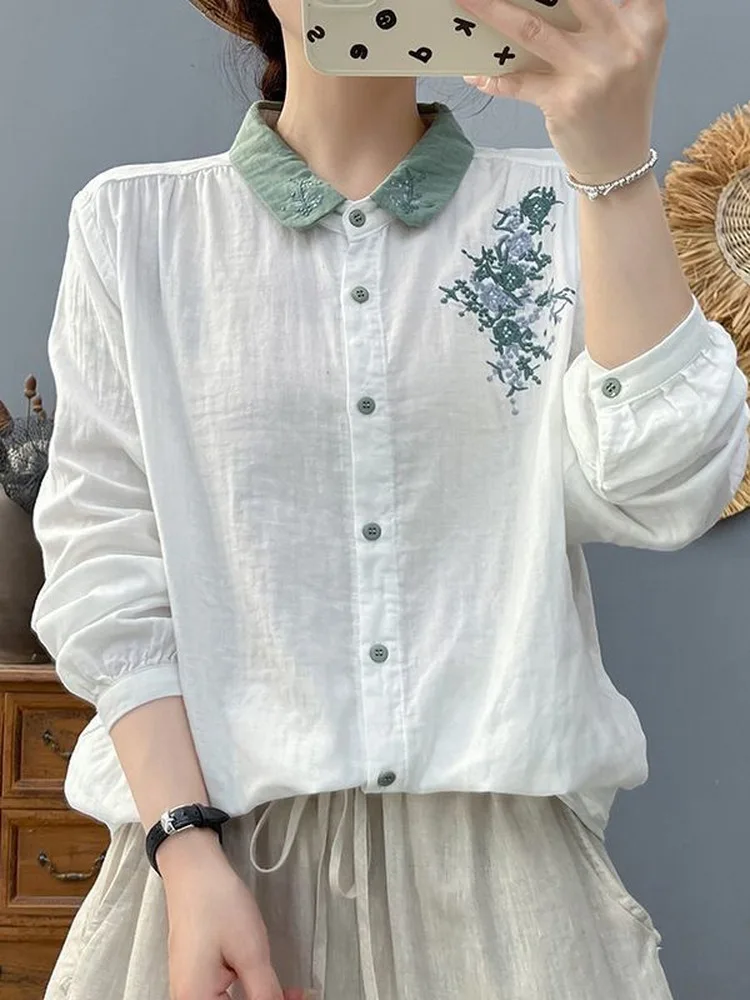 

Женская свободная рубашка в японском стиле с длинным рукавом, вышивкой, из хлопка и льна, универсальная, художественная, двухслойная, с хлопковой нитью