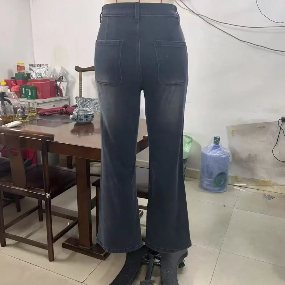 Fashion Women Black Grey Washed Denim Pants Straight Leg Loose Fit Trousers With Metallic Buttons Elegant Street Style