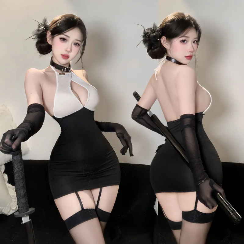 

Сексуальные офисные женские костюмы для косплея, женское сексуальное женское белье, наряд стюардессы, черно-белое платье с открытой спиной, комплект униформы