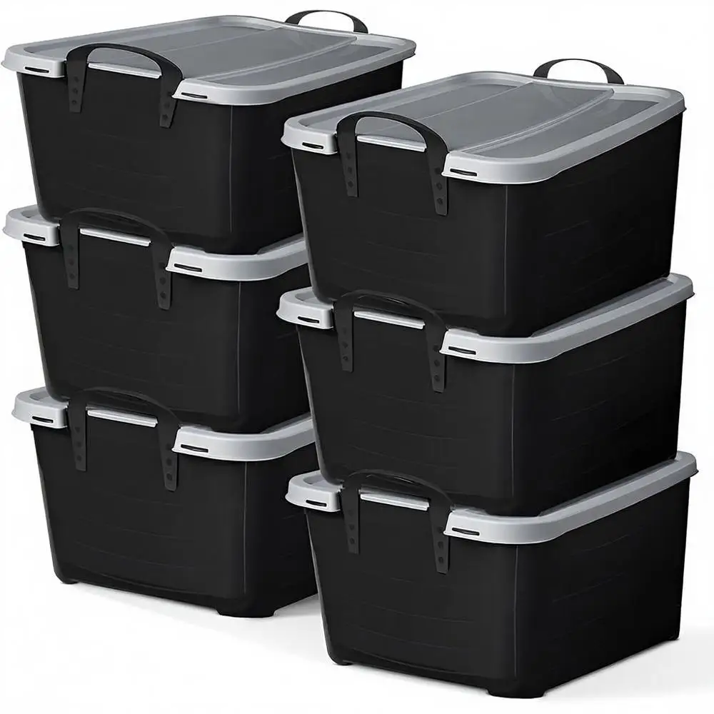 

6 Pack Heavy Duty Stackable Storage Bin, 55 Quart Home Organizer, Lightweight Locking Bins with Carrying Handles, Black/Gray