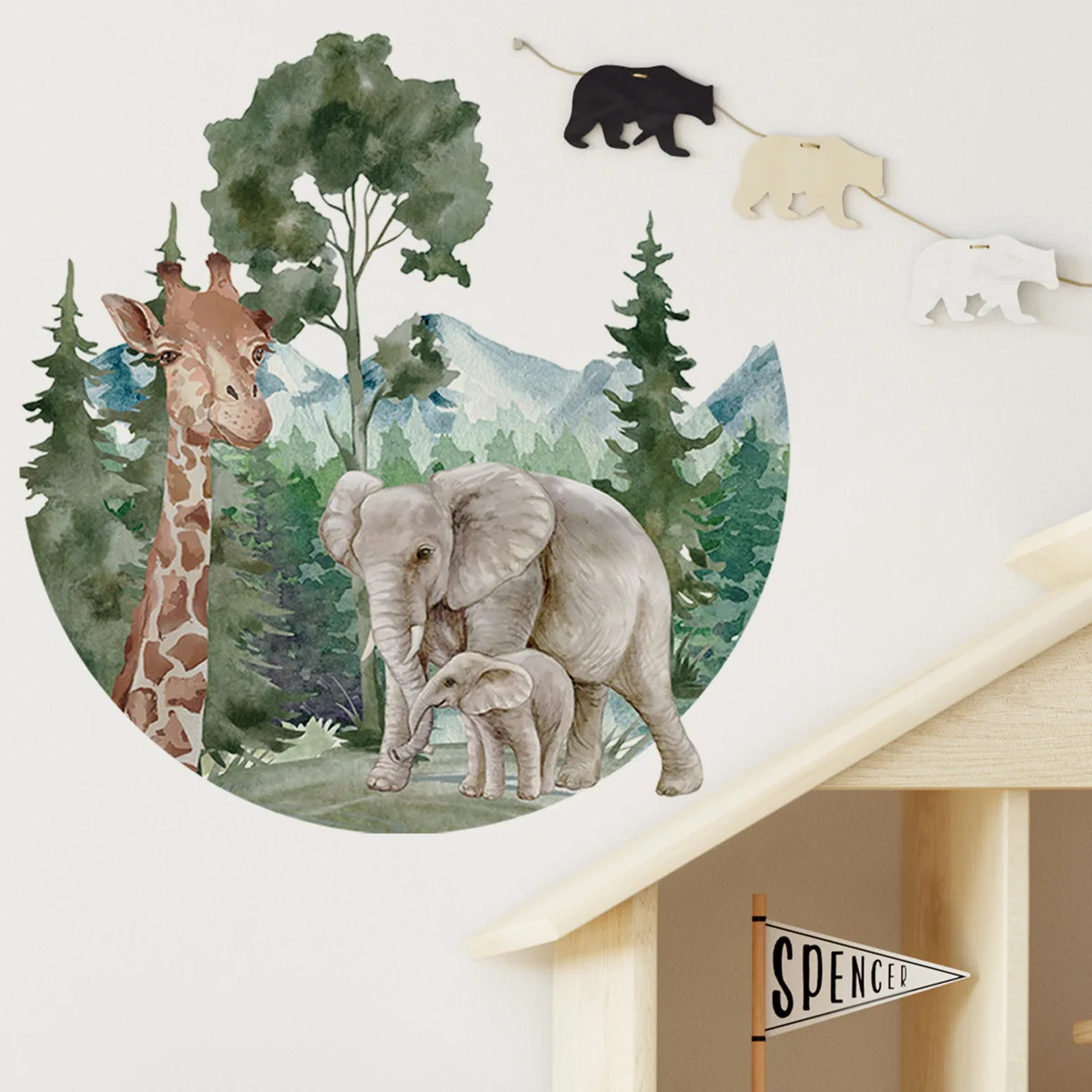 2pcs Elephant Giraffe Mountain Tree Wall Sticker Funny Animal Backwall Living Room Bedroom Study  Decorative Mural Wall Sticker