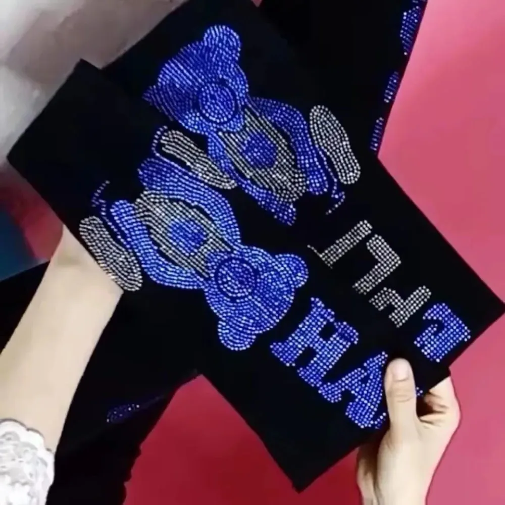 Fashion High Waist Plus Size Capri Pants Cartoon Bear Rhinestone Slim Fit Leggings High Stretch Casual Tights for Fat Women
