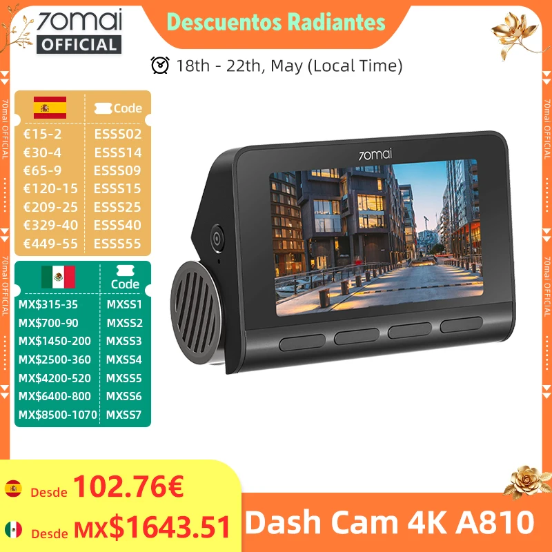 Cámara para Auto 70mai 4K A810 HDR con GPS Integrado, ADAS, Estacionamiento 24H, Compatible con 4G, DVR para Auto 70mai A810