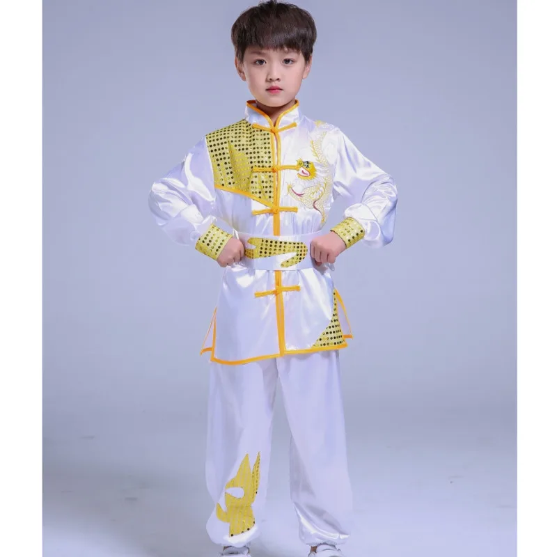 Stroje Wushu Tai Chi Kung Fu na występy sceniczne dla dzieci, chłopców i dziewcząt, chińskie tradycyjne, z cekinami i haftem smoka.