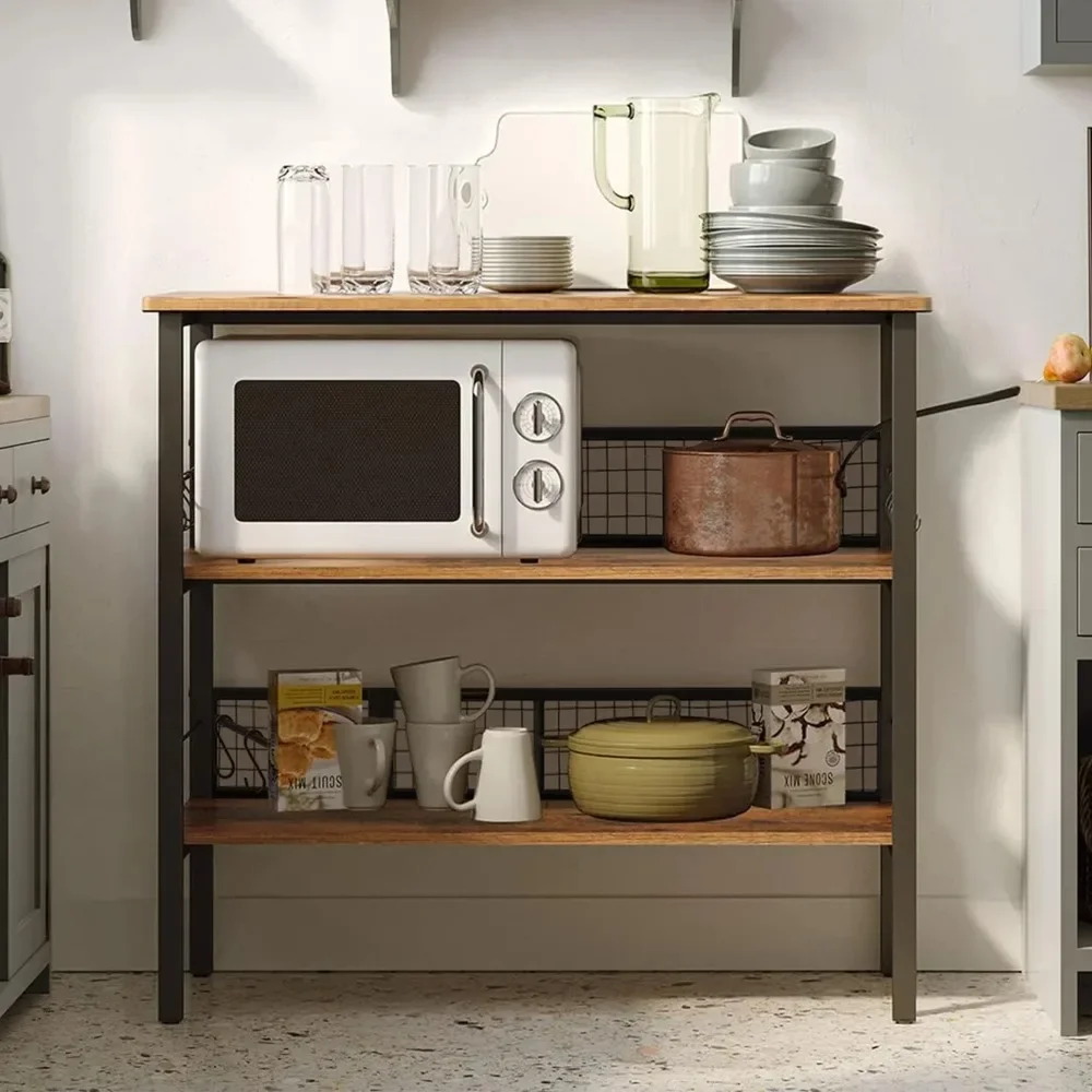 

Rolling Kitchen Storage Cart Island with large open shelves and Large Worktop, 3-Tier Kitchen Baker’s Rack with 10 Hooks