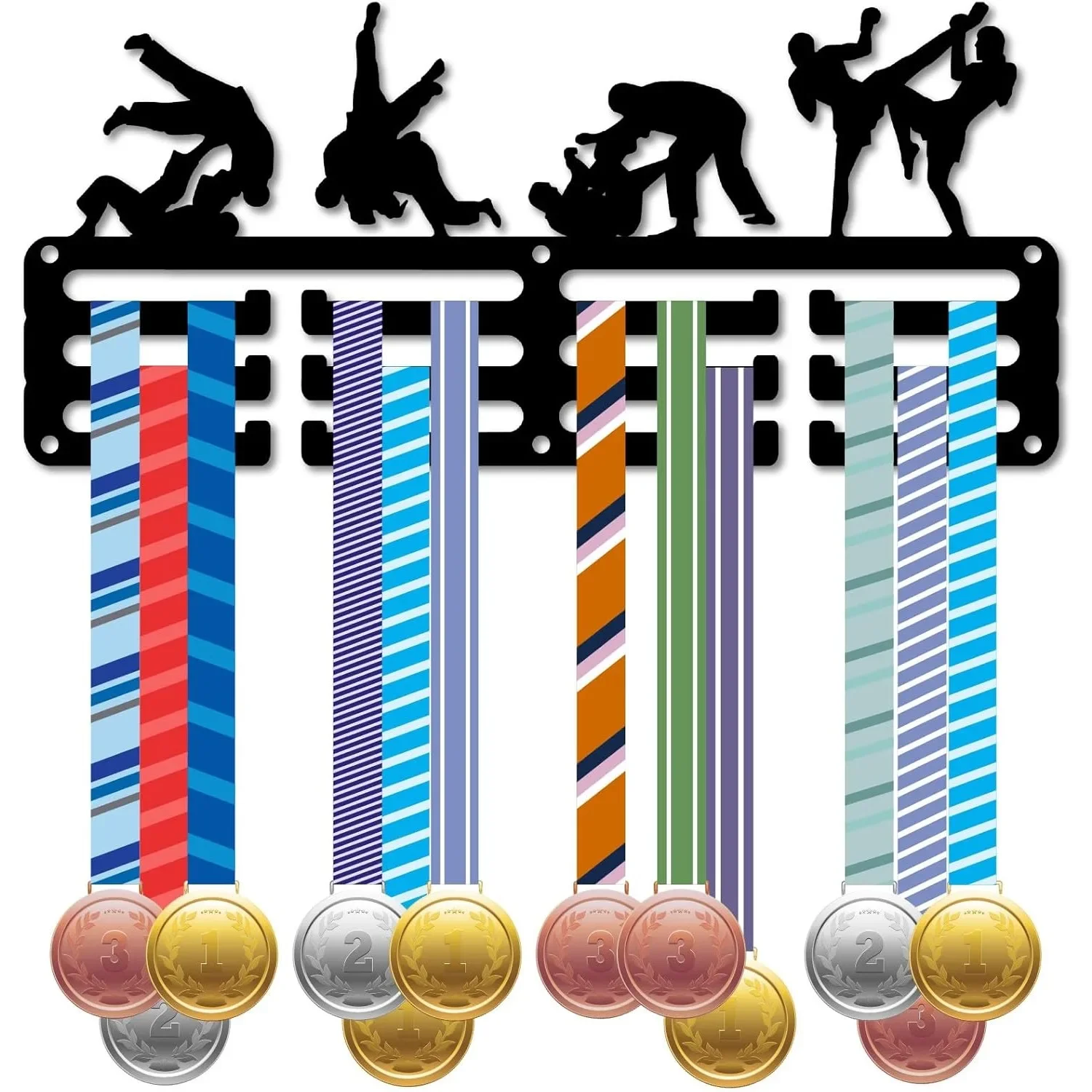 11.4 x 5.1 Inch Iron Jiu Jitsu Medal Hanger, Wall Mount Rack with Hooks for Medals & Ribbons