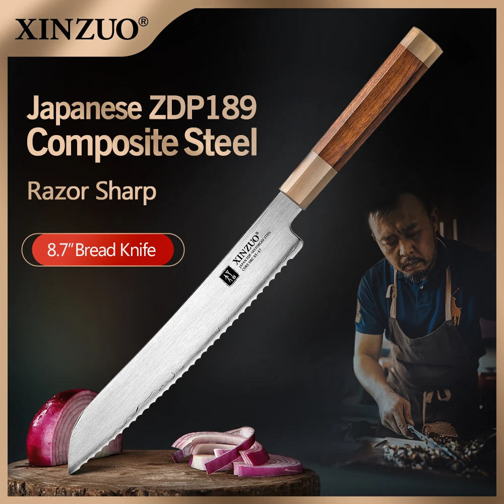 

XINZUO 8.7" inch Bread Knife Desert Ironwood Handle Japanes ZDP-189 Power Steel Cake Toast Baking Cooking Dining Wedding Gift