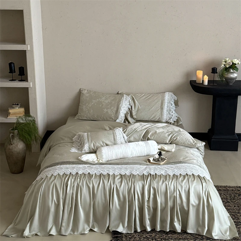 

Vintage Embossed Jacquard Large Lace Ruffles Bedding Set 1000TC Egyptian Cotton Duvet Cover Flat/Fitted Sheet Pillowcases 4Pcs