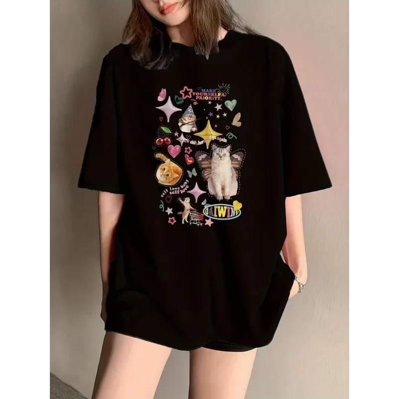 Y2K Cute Cat Self Love Print T-Shirt Retro Colorful Cat Casual Loose Fit Crew Neck Top Summer Trendy Short-sleeved for Women Men