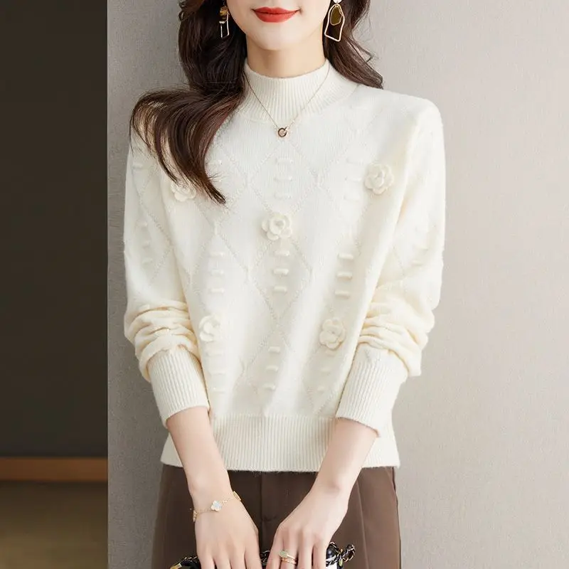 

Осень-зима, женский однотонный пуловер, свитер с длинными рукавами, вязаный полувысокий воротник, галстук с цветами, офисные женские вязаные крючком топы