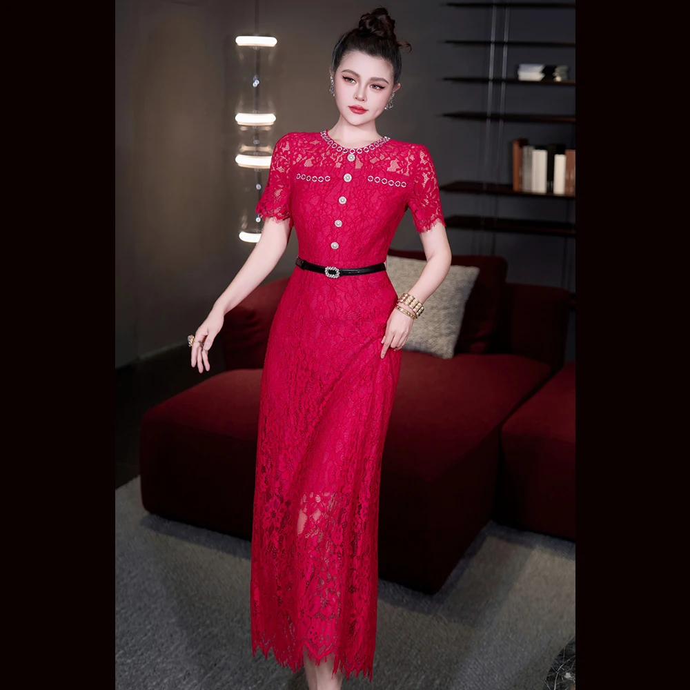 

Meyyithun Women's Dress 2026 Spring &Summer O-neck Short Sleeve Lace Dress Midi Dress Party Dress