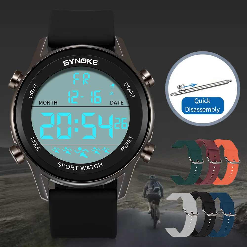 SYNOKE الرجال الرياضة في الهواء الطلق متعددة الوظائف للماء شاشة عرض كبيرة مضيئة LED الرقمية للرجال أزياء السيليكون ووتش