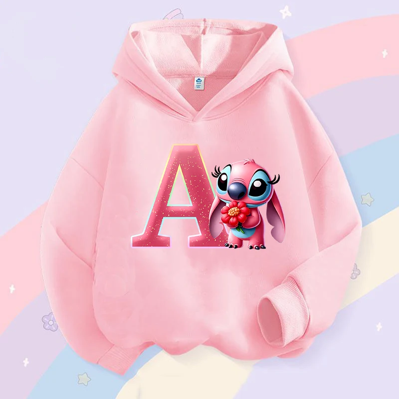 Disney Stitch Kids Hooded Sweatshirt Cartoon Angel A-Z Letter Pullover Girls Winter Warm Tops Kawaii Casual Child Clothing Gifts