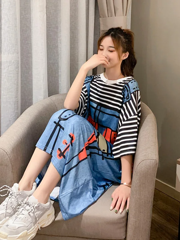 South Korea Summer Short Sleeve Loose Fit Women\'s Cartoon Print Dress Fake Two Piece Striped Strap T-shirt dress 4LBQ