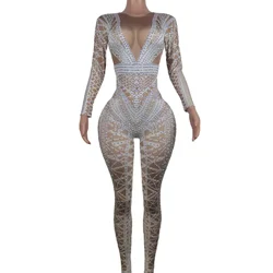 Sexy White Glitter Jumpsuit Women Rhinestone Costume Fashion Lady One Piece Nightclub Party Wear Dance Singer Stage Show Outfit