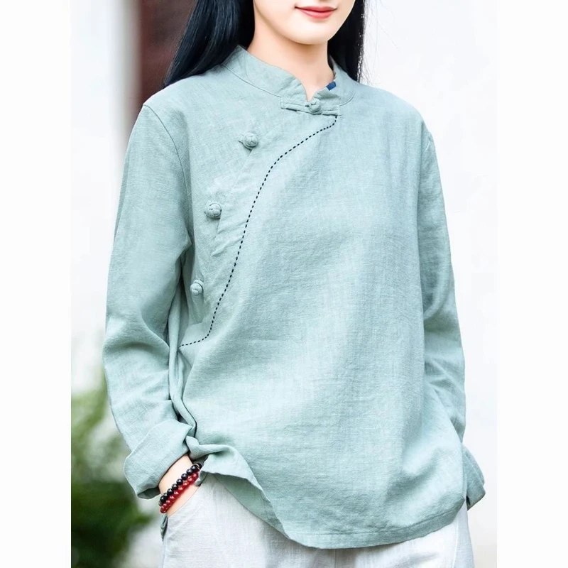 Artistic Chinese Retro Cotton and Linen Long Sleeved Shirt New Loose Stand Up Collar Button Top