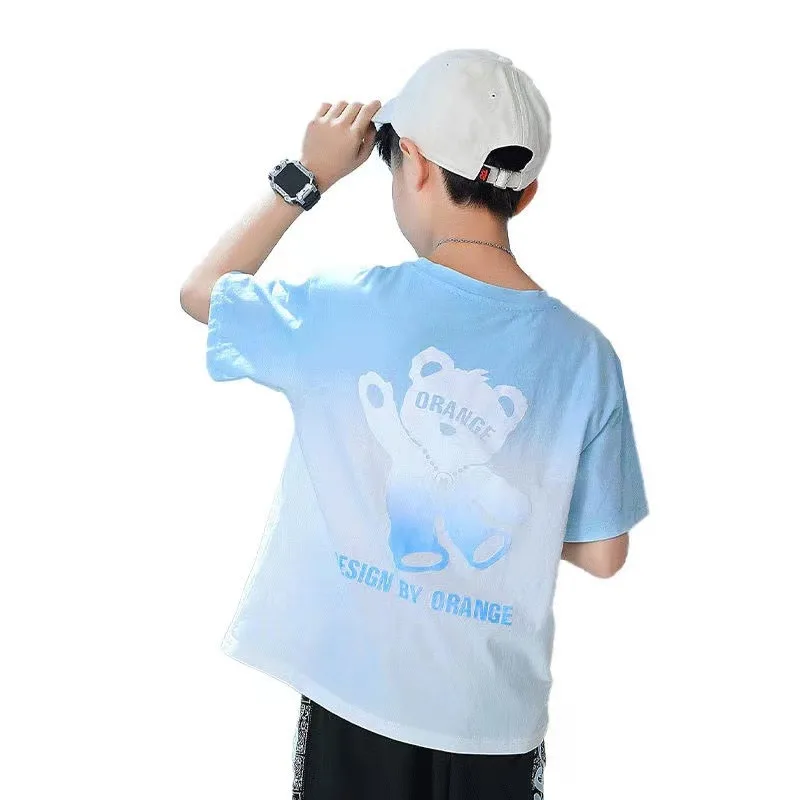 Summer Kids Clothes Boys Fashion American Style Cartoon Little Bear Gradient T Shirt Short Sleeve Tops Children's O-Neck Tees image 5