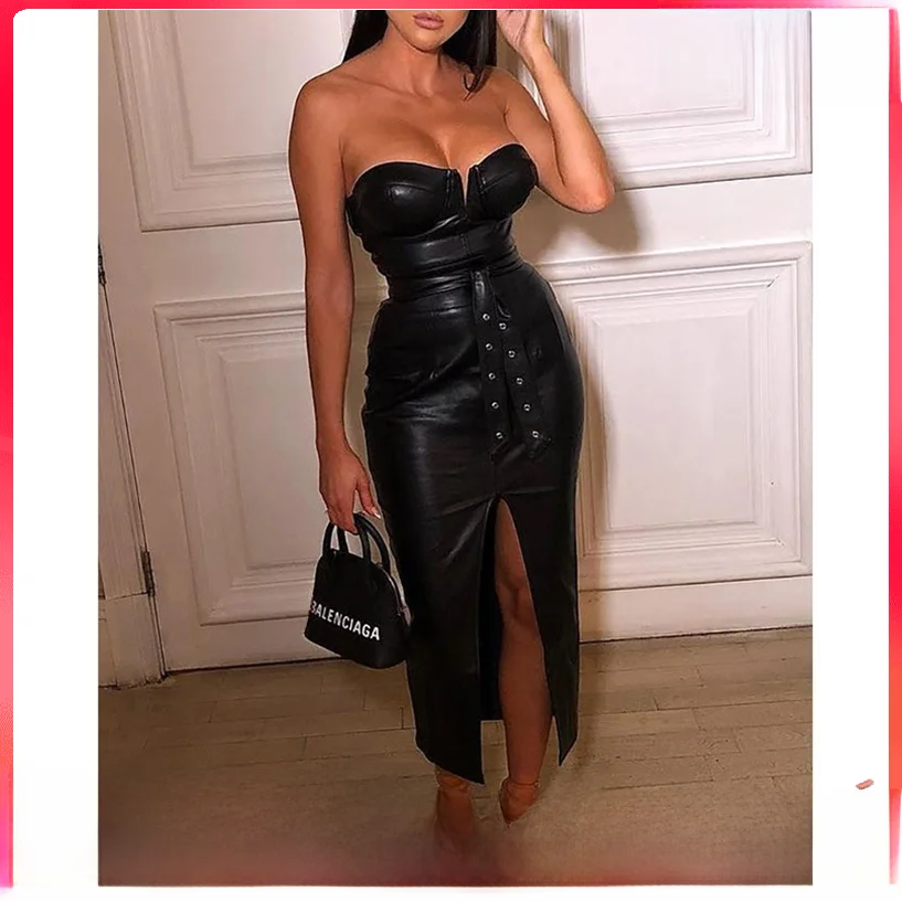 Krasa Women's Sexy Strapl PU Leather Split Dr Bla  Skirt High Waist Street Sle Spring Faion Wrap Chest Design