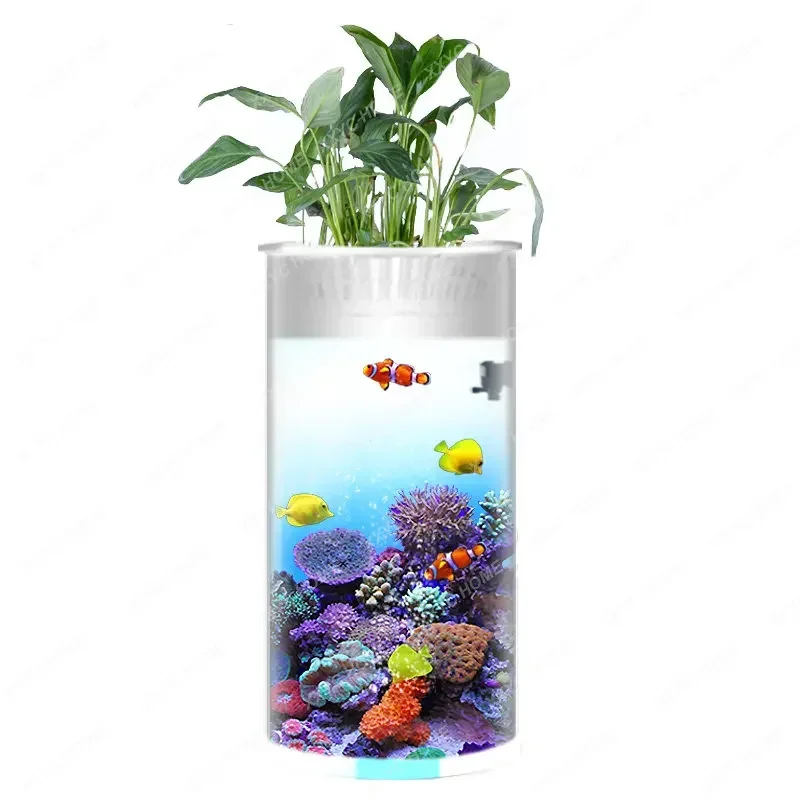 Cylindrical Small Fish Tank Aquarium Household Small Change Water Ecological Pot Super White Glass Office Desk Surface Panel