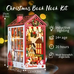 Christmas Book Nook Doll House 3D Puzzle With Sensor Light Dust Cover Music Box Gift Ideas Bookshelf Insert for Christmas Gift