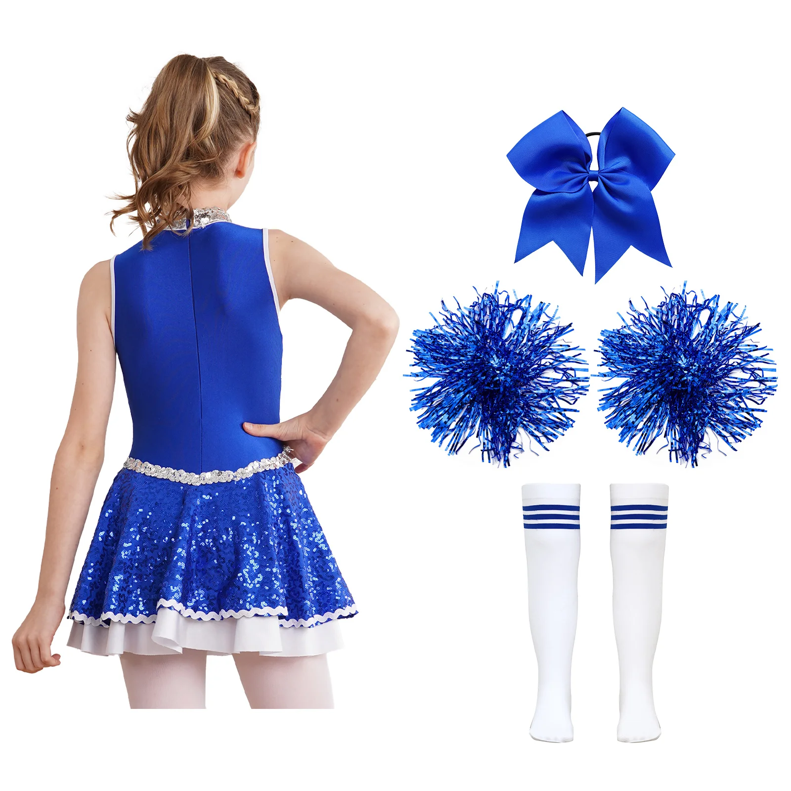 Traje de líder de torcida para meninas Conjuntos de desempenho escolar Uniforme Cheerleading Cheer Lantejoulas brilhantes Vestido de competição Patchwork Vestido de equipe para crianças