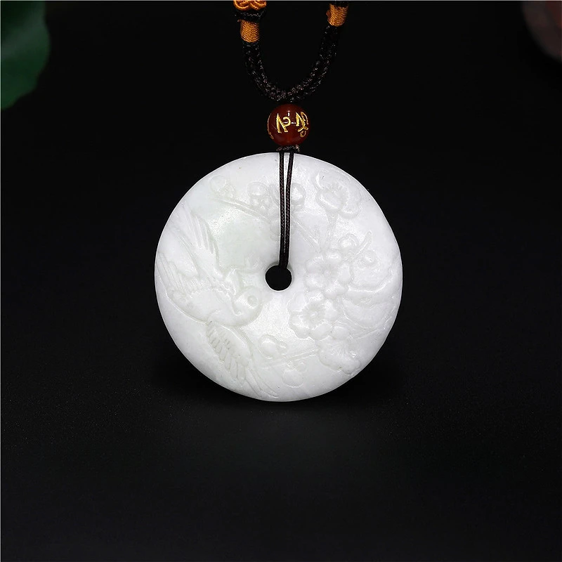 Natural White Green Chinese Jade Flower Bird Pendant Doughnut Necklace Charm Jewelry Double-sided Hollow Carved Amulet Gifts