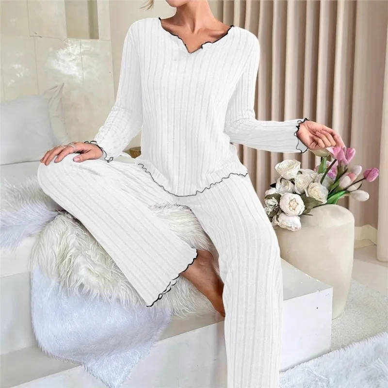 

Women's Ribbed Pajamas Set Autumn Long Sleeve Top And Long Pants Sleepwear 2 Piece Set For Women Casual Home Elastic Pajamas