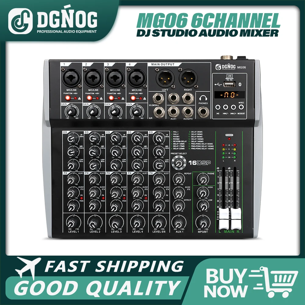 

DGNOG MG06 Professional DJ Audio Mixer 48V Phantom Power 16 DSP USB Bluetooth Recording Mixing Console for Stage karaoke Studio