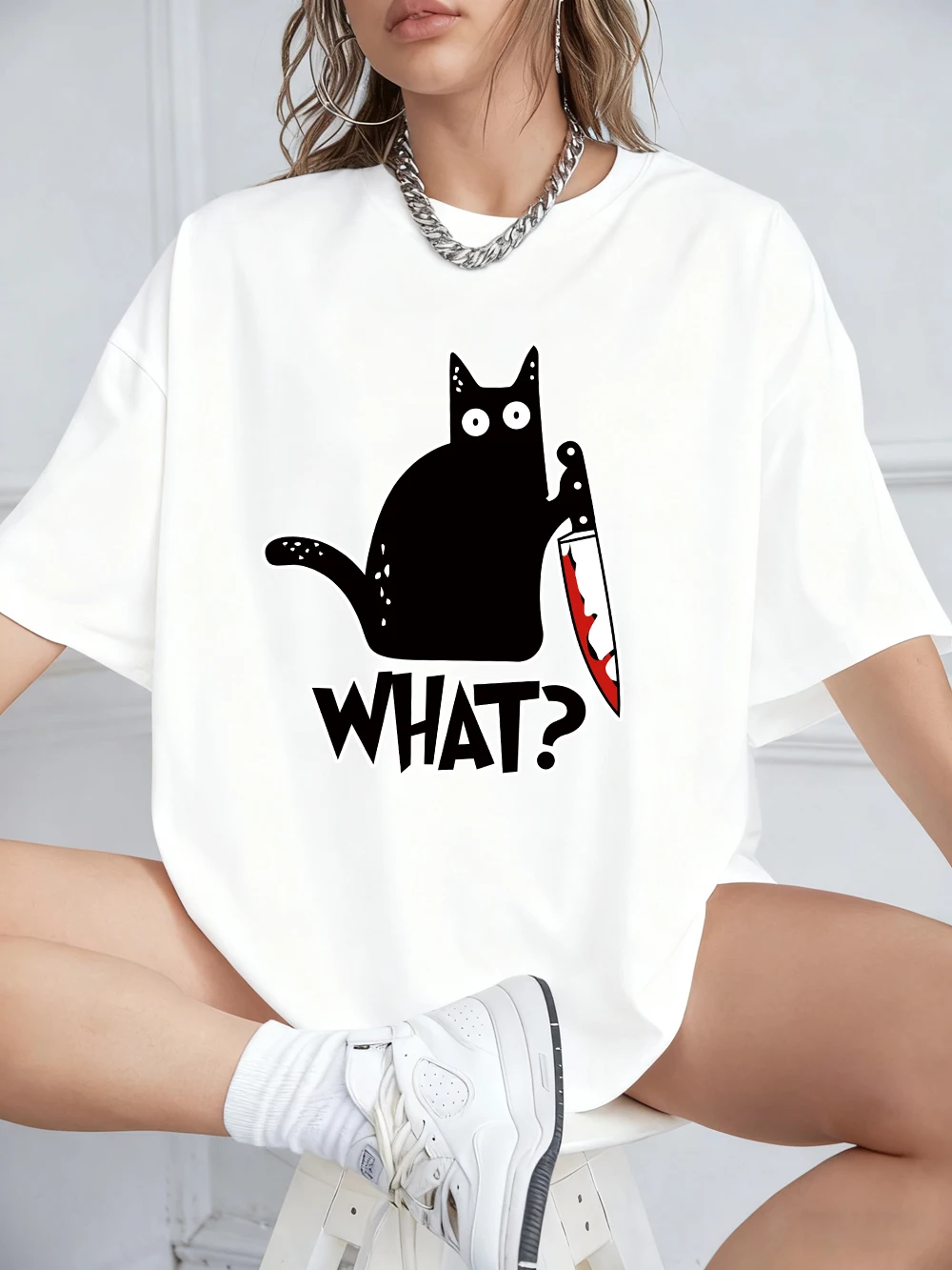 

Black Cat Holding A Knife Prints Short Sleeve T-Shirts Womens Summer Cotton Tee Shirts Loose O-Neck Soft Tops Street Clothes