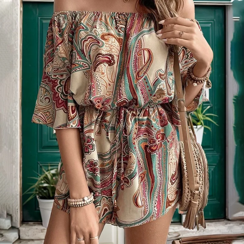 

Summer European And American New Bohemian Style High Waisted Jumpsuit Women's Retro Temperament Single Shoulder Jumpsuit