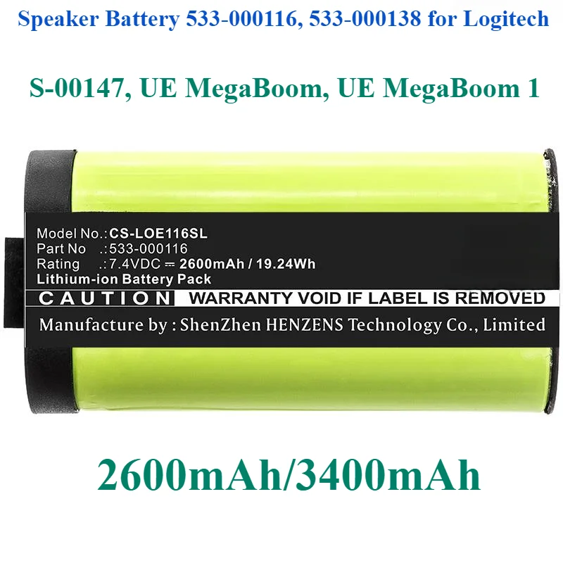 

Speaker Battery 533-000116, 533-000138 2600mAh/3400mAh for Logitech S-00147, UE MegaBoom, UE MegaBoom 1