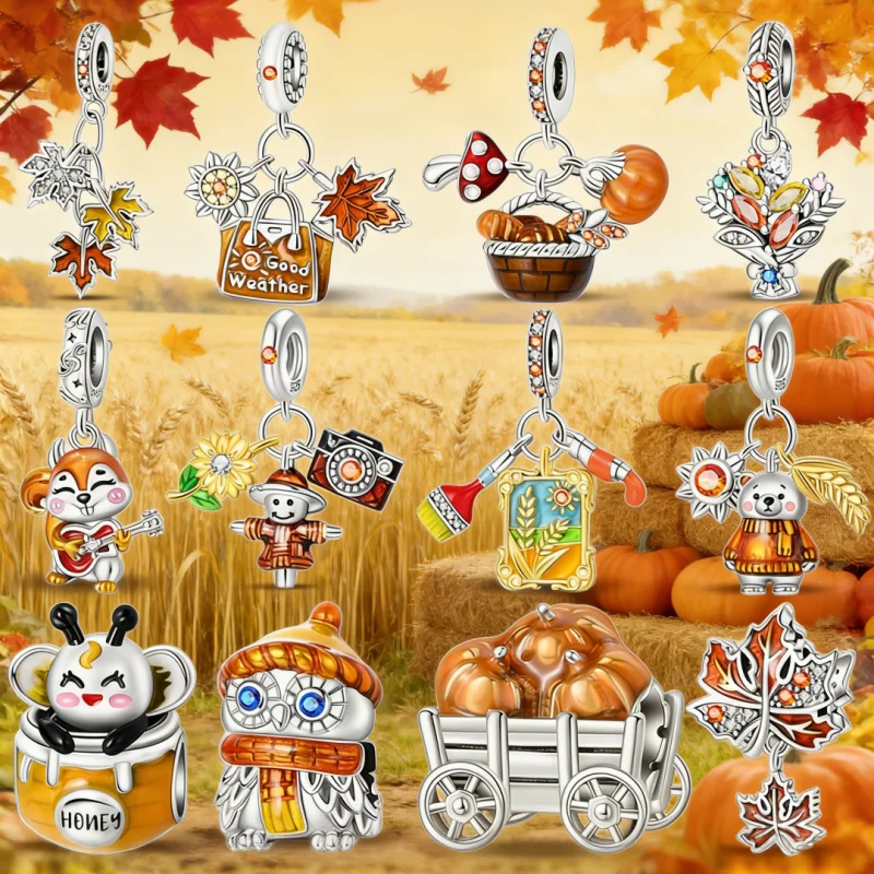 

New 925 Sterling Silver Harvest Season Pumpkin Maple Leaf Charms Beads For Women Fit Original Bracelet DIY Party Jewelry Gifts