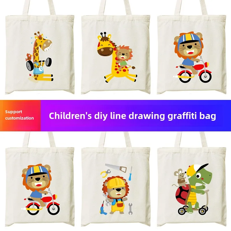 Fai da te dipinto a mano colorazione graffiti pittura cartone animato per bambini borsa tote in tela logo personalizzato borsa in cotone personalizzata