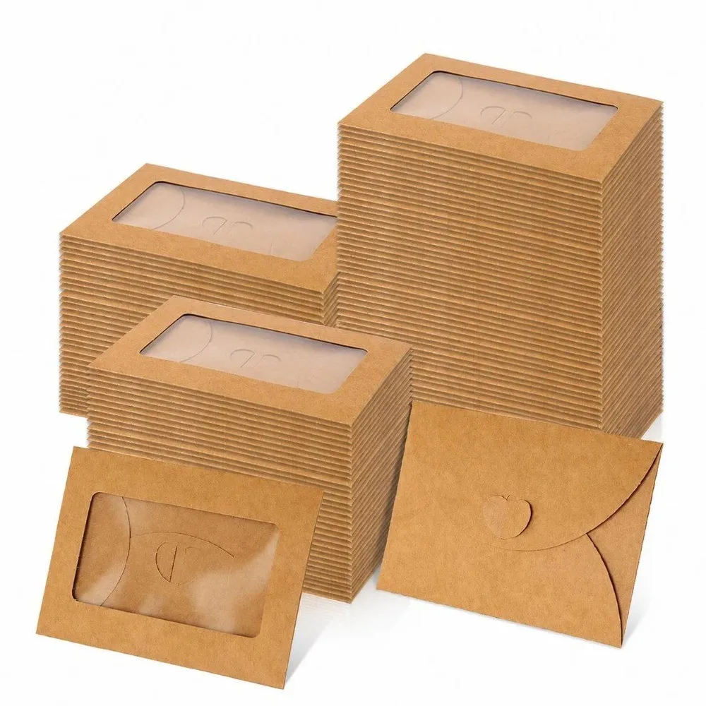 20pcs Rustic Clear Window Kraft Paper Envelope Self Seal Heart Clasp Clear Window Envelope DIY Card Envelope Party Favor Packing