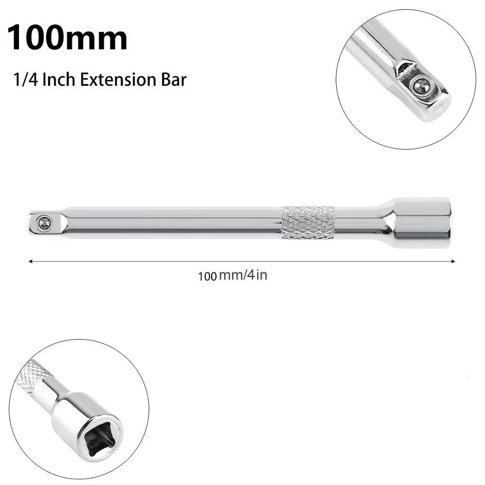 1/4 Inch Chromed Steel Extension Bar Ratchet Socket Wrench Adapter 50/75/100MM Hand Adjustment Hand Tools Long Bar Socket Extend