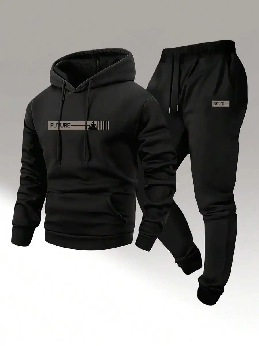 

Mens Black Hoodie And Sweatpants Two-Piece Casual Set For Autumn Winter