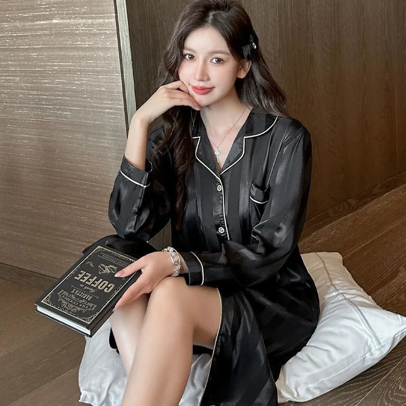 

High Grade Ice Silk Thin Pajamas Dresses Spring Fall Women New Oversized Cardigan Home Wear Long Sleeved Baggy Casual Nightgowns