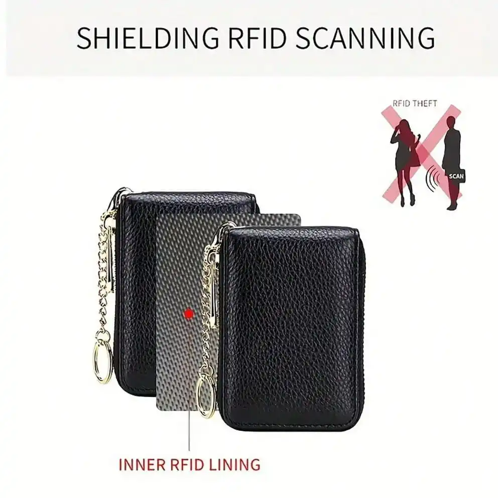 RFID Credit Card Holder, Small Leather Zipper Card Case Wallet with Removable Keychain ID Window