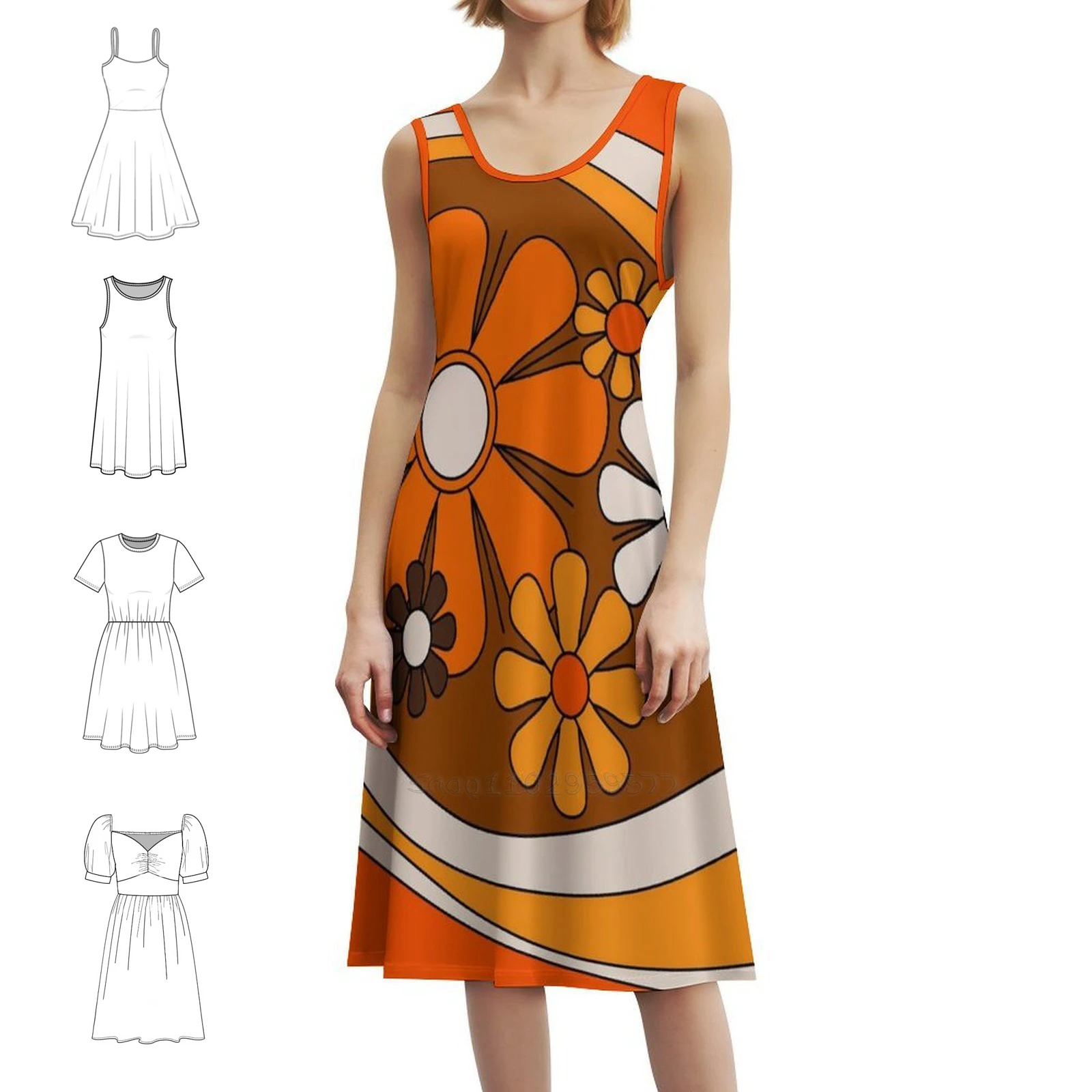 الأزهار Daydream نمط الرجعية في 70S البرتقالي والبني المرأة فستان الحفلات الأنيقة ألف خط فستان مع قصيرة/طويلة/أكمام #1