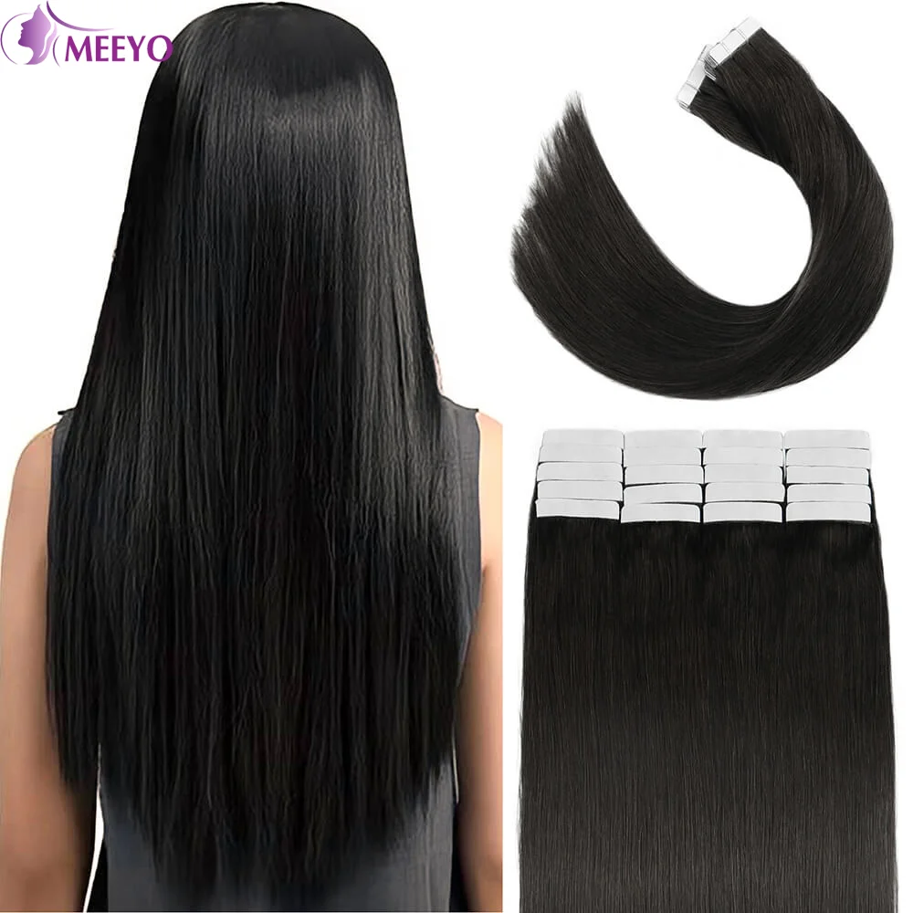 

Tape In 100% Real Human Hair Straight Tape In Hair Extensions Seamless Skin Weft Tape Hair Extensions 16-26 Inches Natural Black