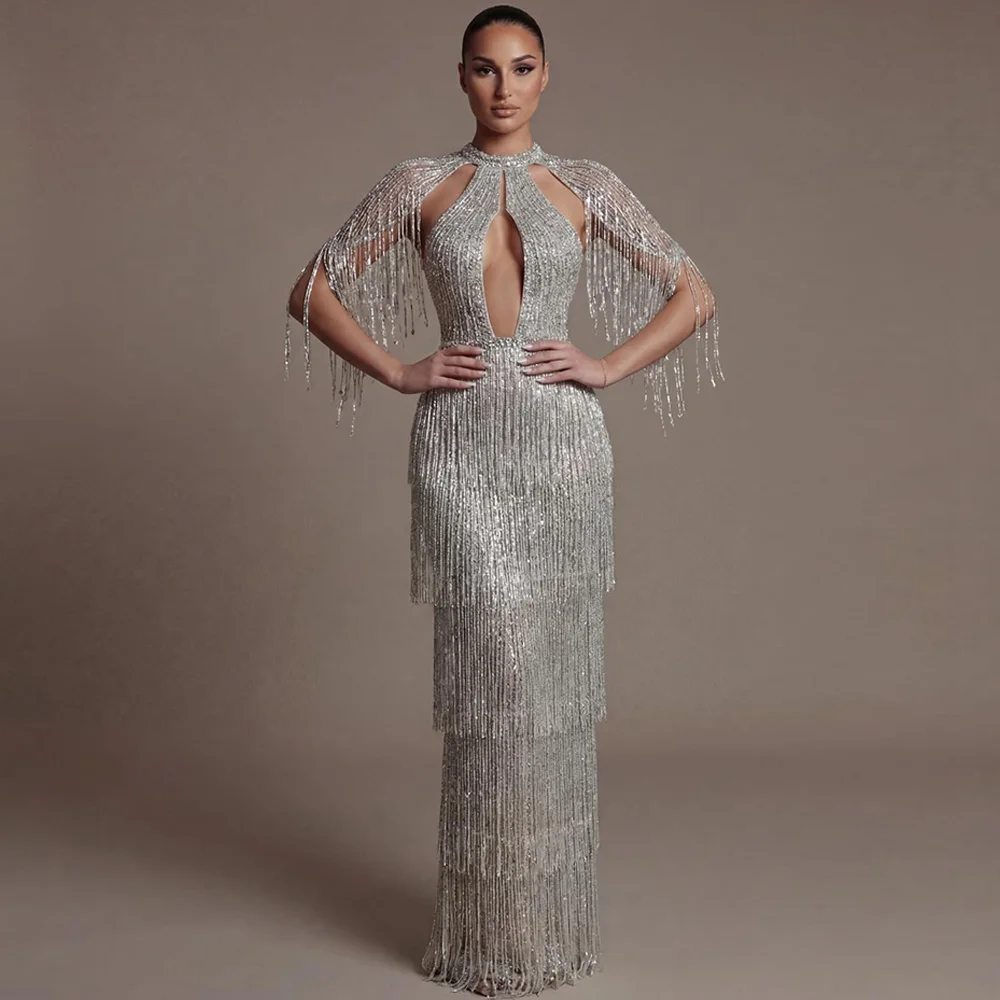 Sparkly Tiered Tassel Vestido De Festa Temperament O-Neck Sleeveless Evening Dress Customized Elegant Mermaid Party Gowns
