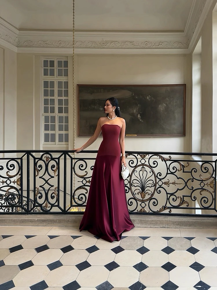 Simple Advanced Cocktail Dress Strapless Dark Red Sleeveless Mermaid For Women Party Formal Occasion Wedding Evening Gown