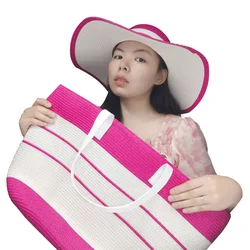 Three Piece Rose Red Straw Hat New Summer Dome Beach Hat Women's Straw Bag Sun Hat Color Matching Jazz Adult Hat кепкамужския