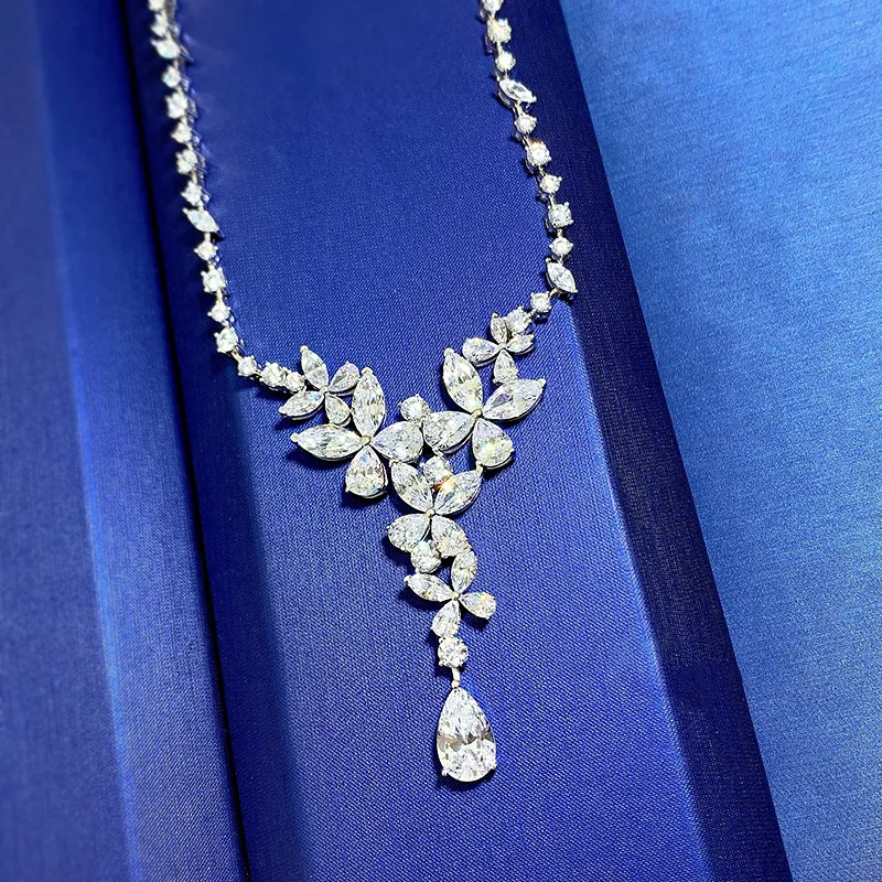 S925 Silver Full Diamond Butterfly Necklace Evening Style Tassel Pendant Women's Wedding Diamond Necklace